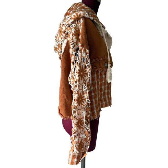 Miss Me Floral Pieced Denim Jacket size S Boho Multi Orange Hooded Crochet Cropp - Picture 13 of 14
